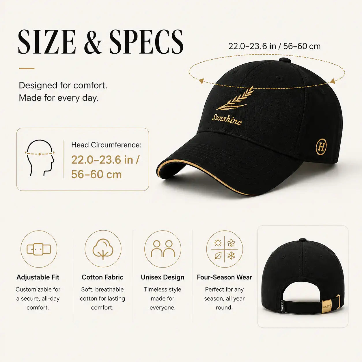 Black embroidered baseball cap size and fit guide with 56 to 60 cm head circumference