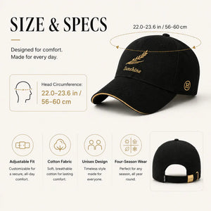 Black embroidered baseball cap size and fit guide with 56 to 60 cm head circumference