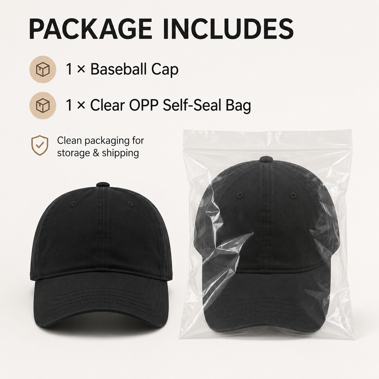 Package includes one black baseball cap and one clear OPP self-seal storage bag.