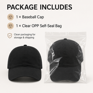 Package includes one black baseball cap and one clear OPP self-seal storage bag.