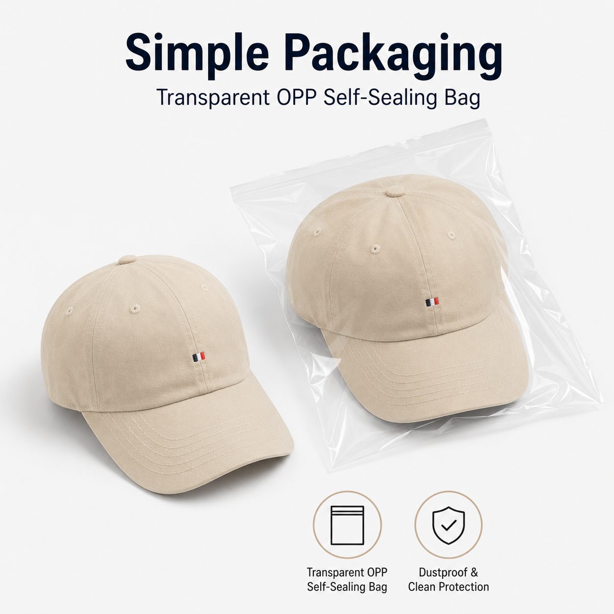 Beige cotton baseball cap with transparent OPP self-sealing packaging for clean product delivery.