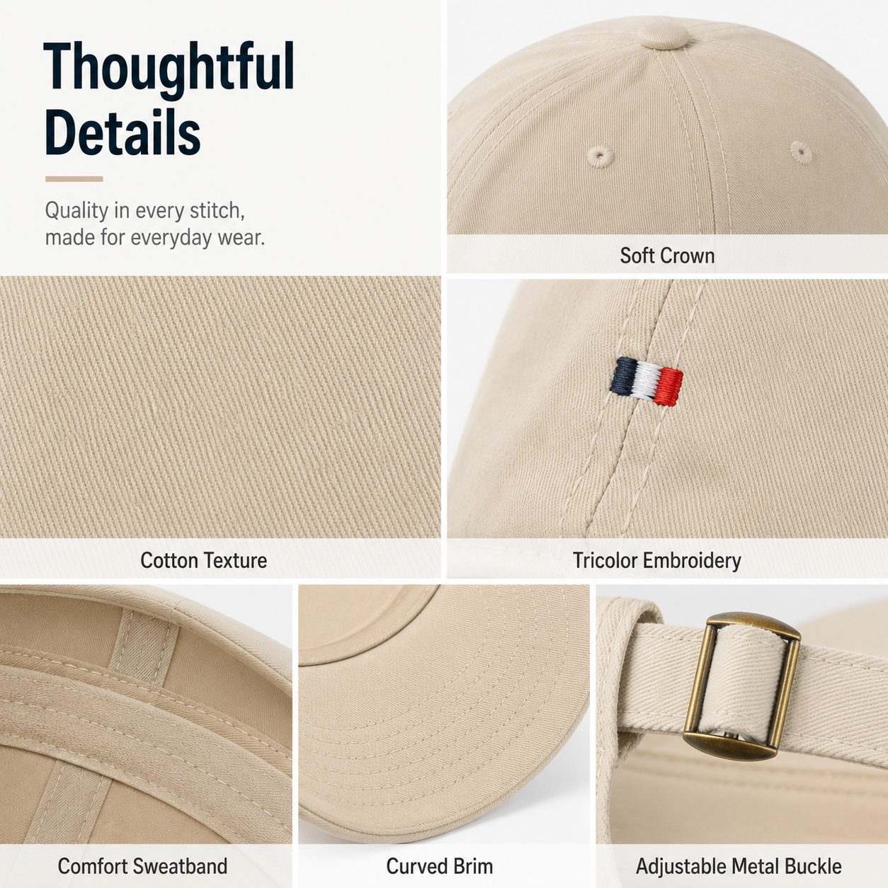 Beige cotton baseball cap detail image showing soft crown, cotton texture, embroidery, brim, and buckle.
