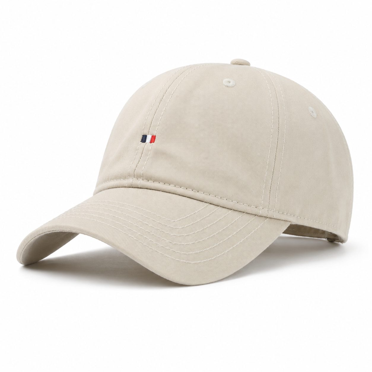 Beige cotton sun protection baseball cap with curved brim and adjustable back strap.