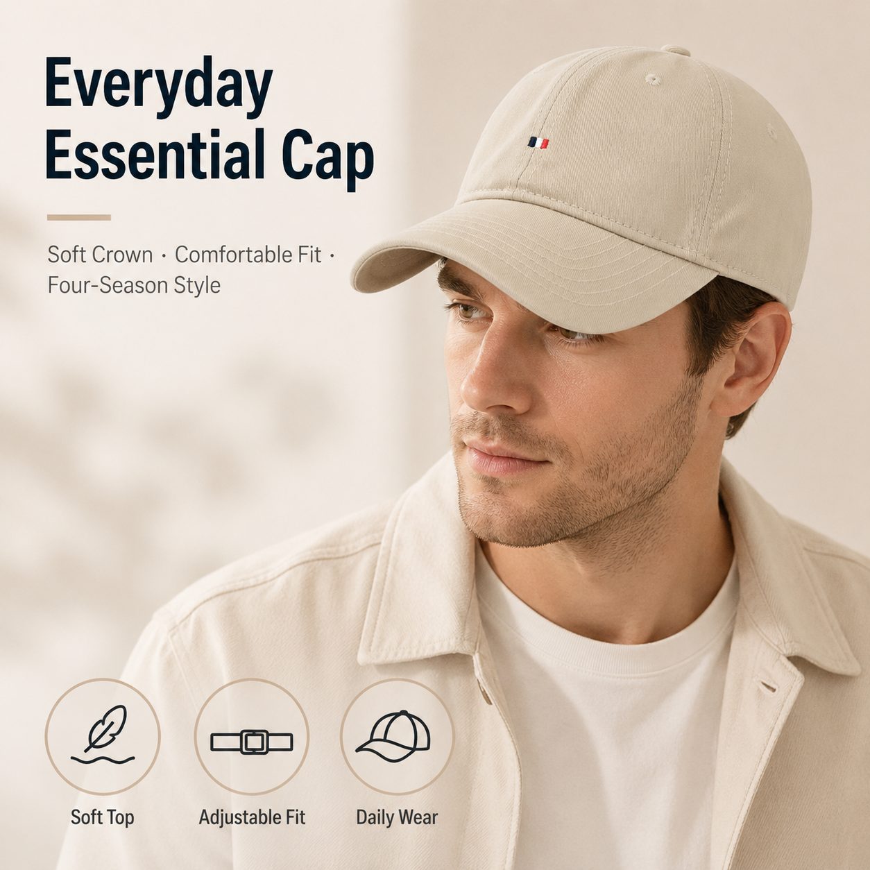 Beige everyday cotton baseball cap worn by a male model with soft crown and adjustable fit.