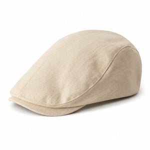 Beige men's solid color vintage flat cap with a classic ivy cap silhouette on a clean white background.