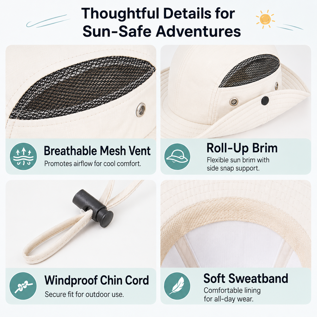Detail image of beige outdoor sun hat showing breathable mesh vent, roll-up brim, windproof chin cord and soft sweatband.