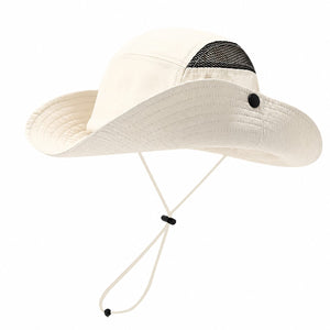 Beige outdoor sun protection bucket hat with wide brim, breathable mesh panel, and adjustable chin cord on a clean white background.