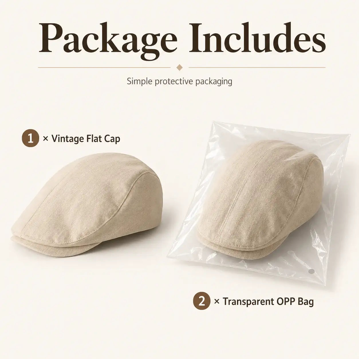 Vintage flat cap with simple protective transparent OPP bag packaging