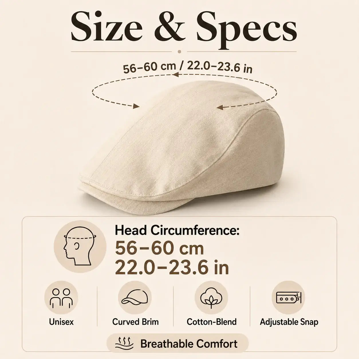 Unisex vintage flat cap size guide with adjustable head circumference 56 to 60 cm