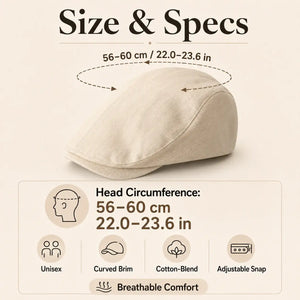Unisex vintage flat cap size guide with adjustable head circumference 56 to 60 cm