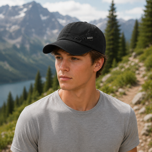 Black adjustable cotton baseball cap with embroidered side detail and curved brim