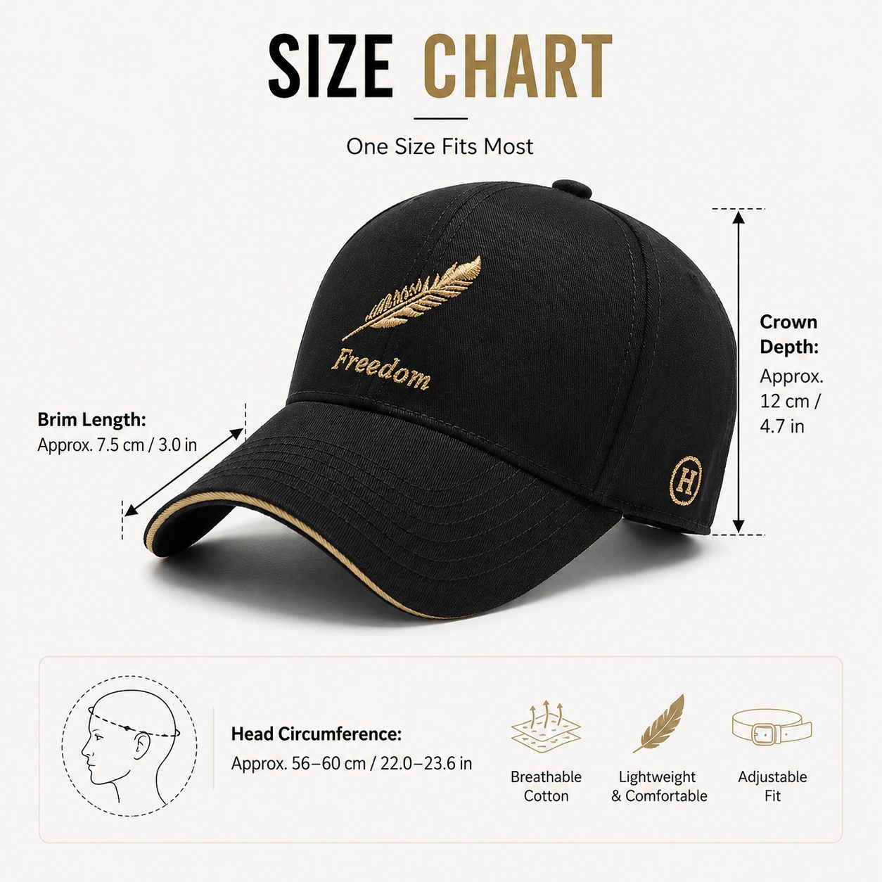 Size chart for black cotton baseball cap with adjustable fit