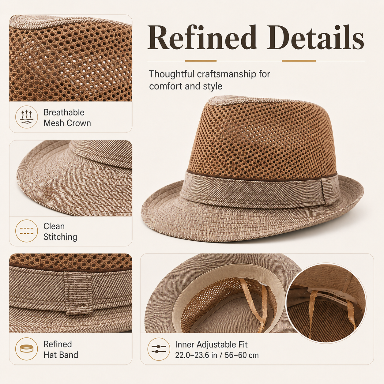 Man wearing black breathable mesh fedora hat with vintage jazz hat style