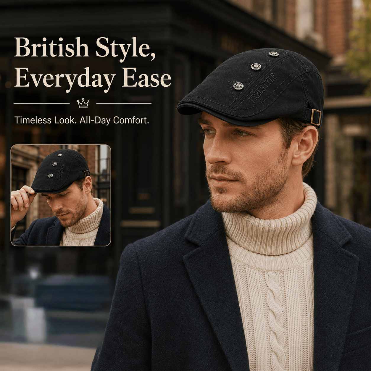 Male model wearing a black British old-money ivy cap with classic knitwear and tailored outerwear in a British-style street setting.