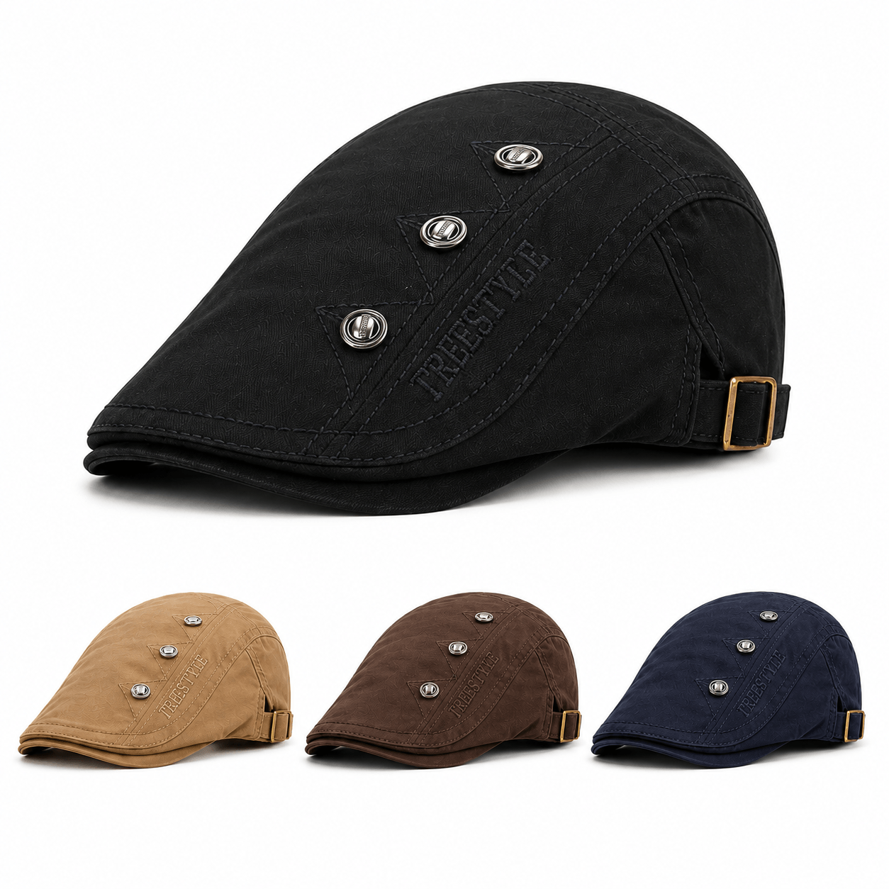 Black British style flat cap with size details, adjustable strap, cotton fabric, and four color options including khaki, coffee, black, and navy.