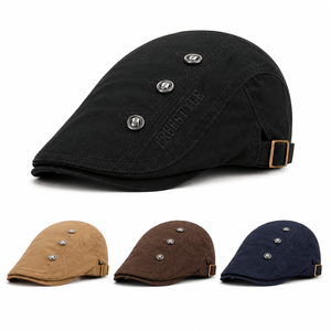 Black British style flat cap with size details, adjustable strap, cotton fabric, and four color options including khaki, coffee, black, and navy.