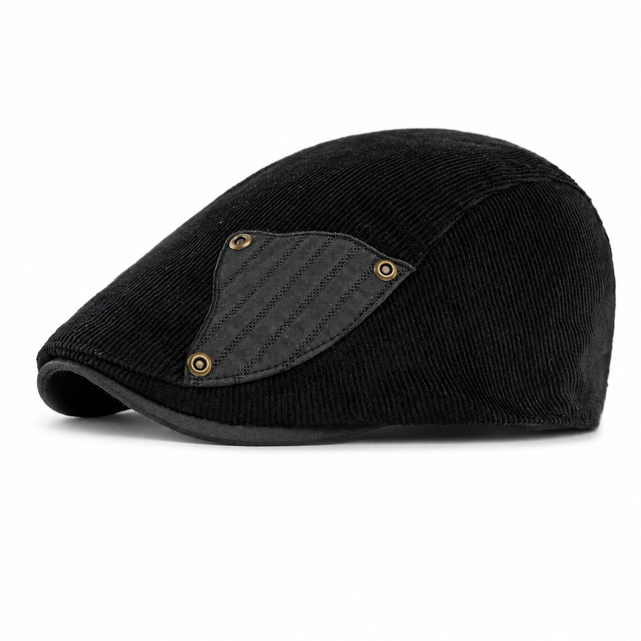 Black corduroy flat cap on white background for color variant