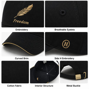 Detail grid of black cotton baseball cap with embroidery, eyelets, brim, and buckle