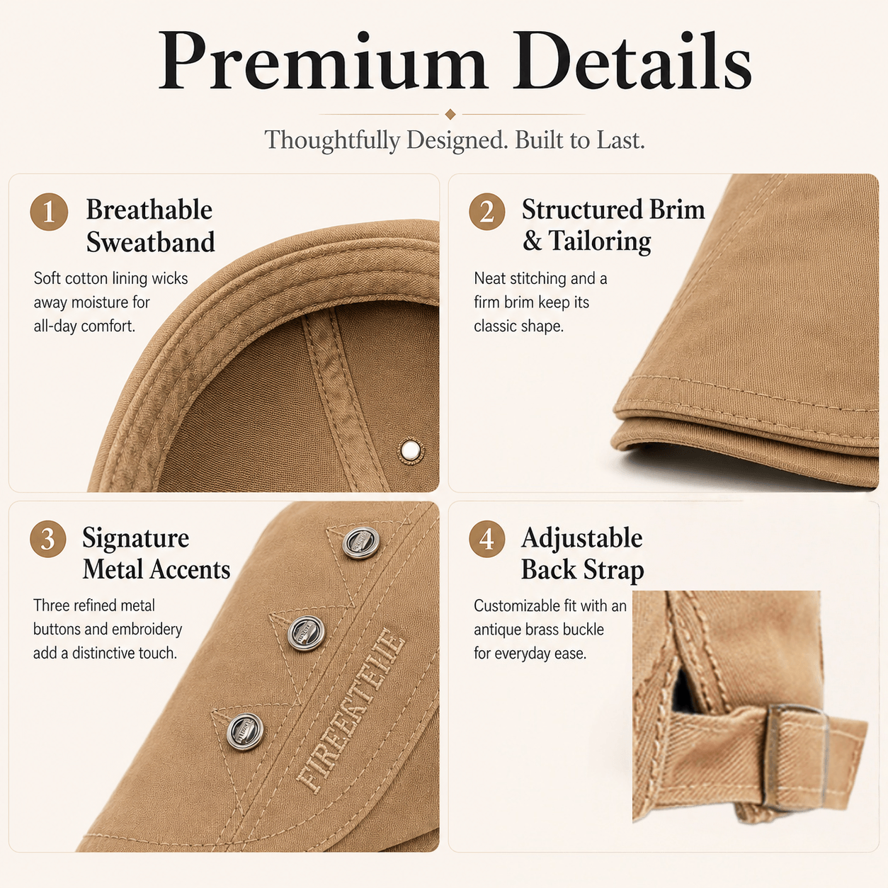 Black cotton flat cap shown in a clean product layout with khaki, coffee, and navy color options below.