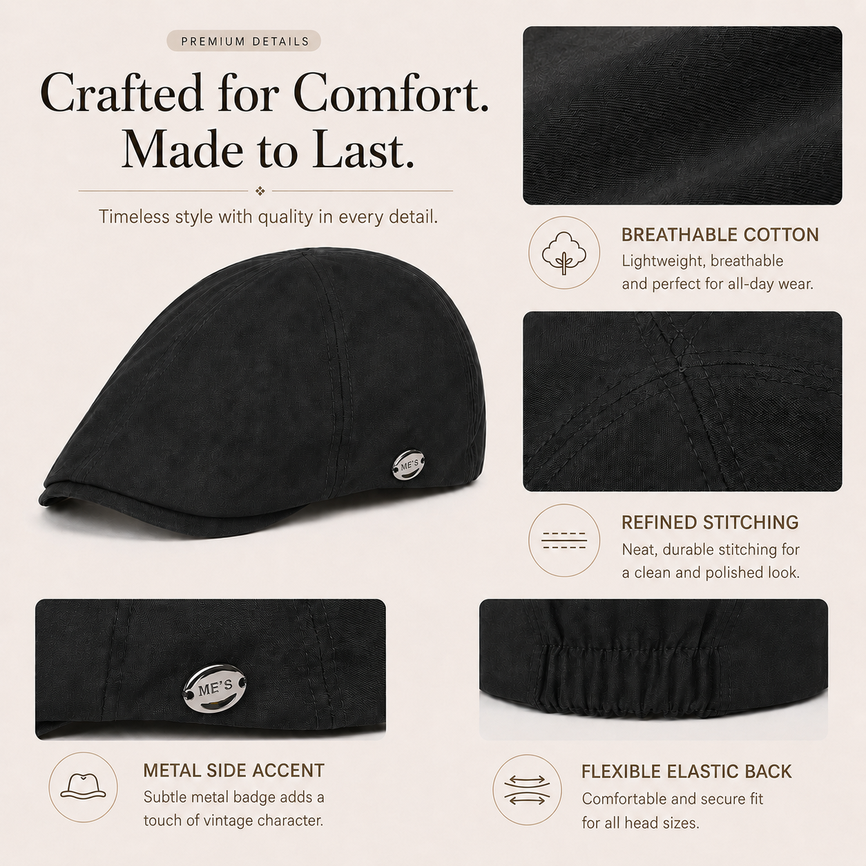 Black cotton flat cap with breathable cotton, refined stitching, metal side accent and flexible elastic back.