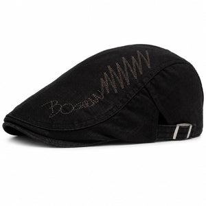 Black cotton ivy flat cap SKU image with embroidered front detail