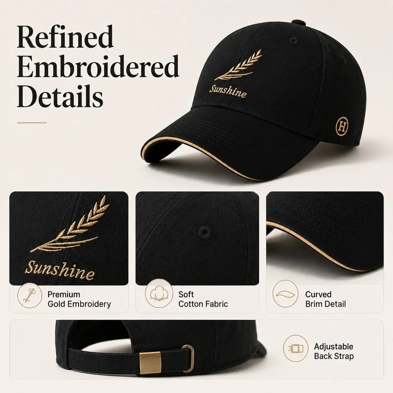 Black embroidered baseball cap with gold embroidery curved brim and adjustable back strap