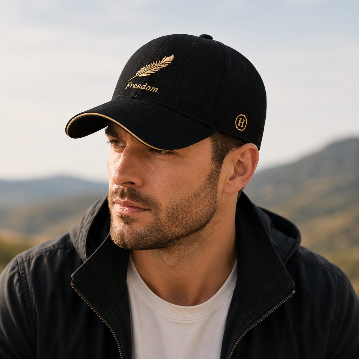 Male model wearing black embroidered baseball cap in an outdoor setting