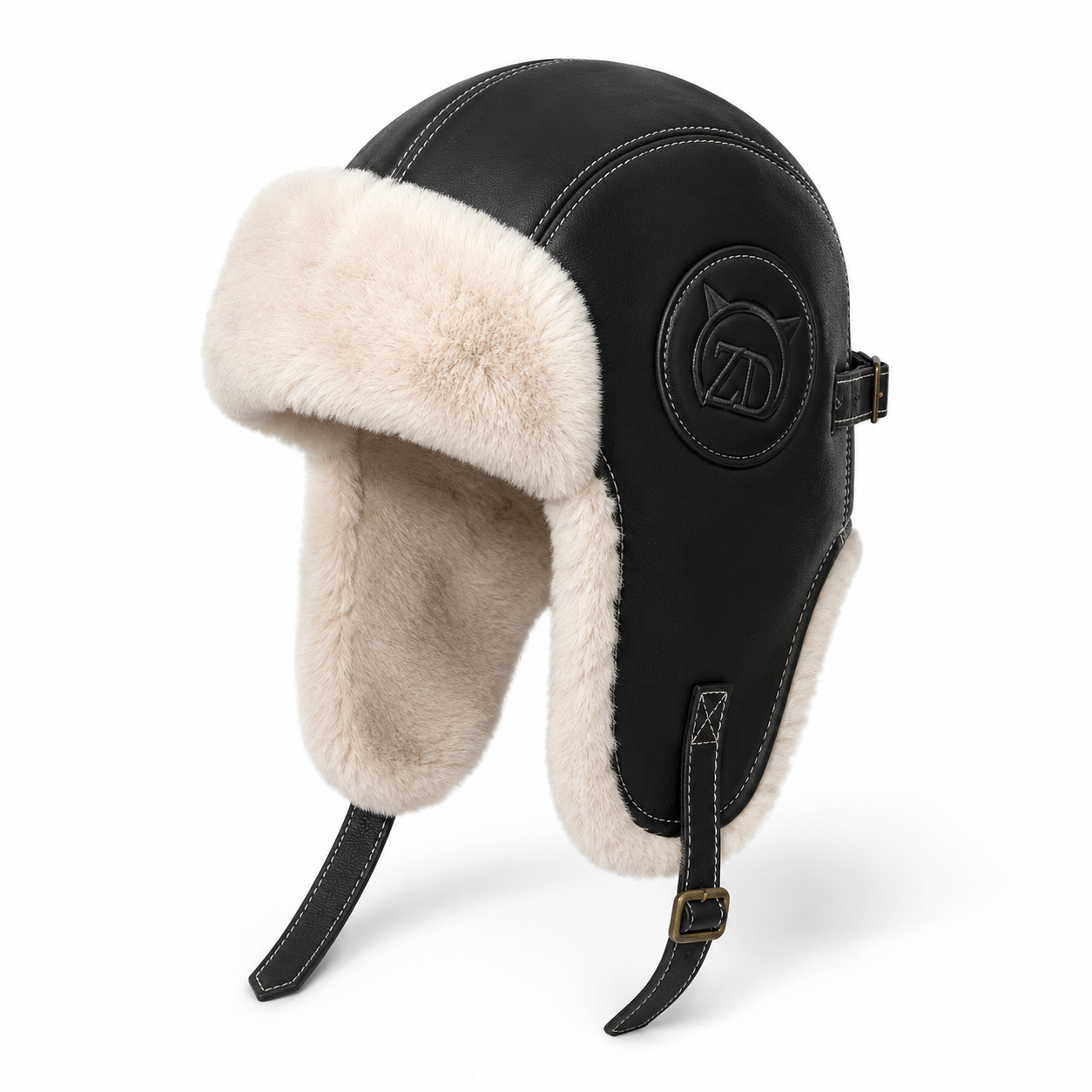 Black faux leather plush winter aviator hat with cream polyester lining, full ear coverage, adjustable chin strap, and embossed side detail