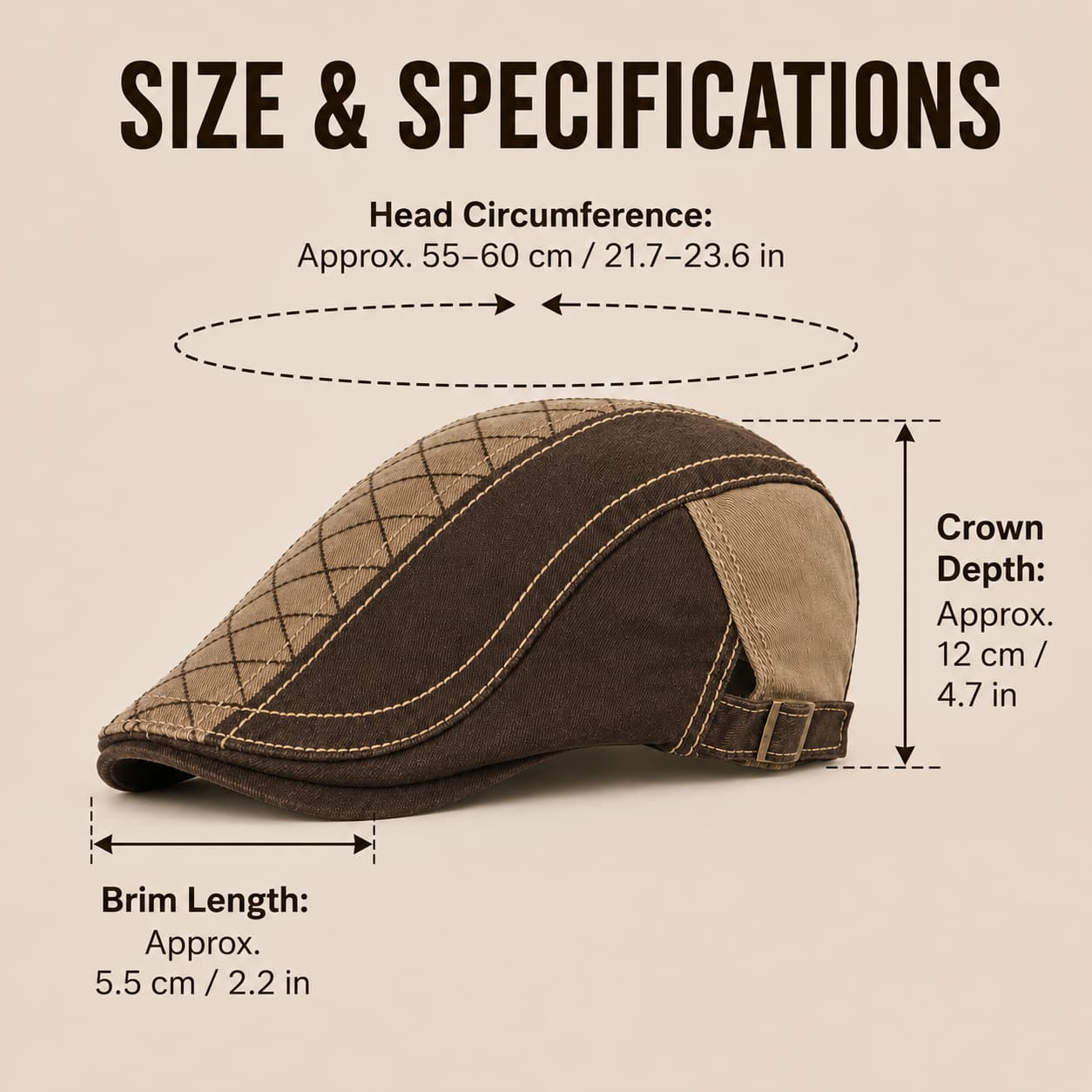 Black flat cap size and fit guide with adjustable head circumference