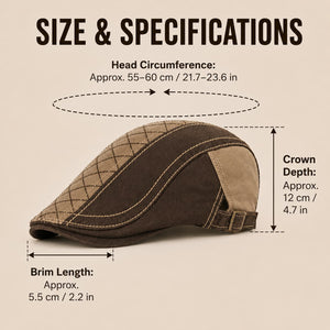 Black flat cap size and fit guide with adjustable head circumference