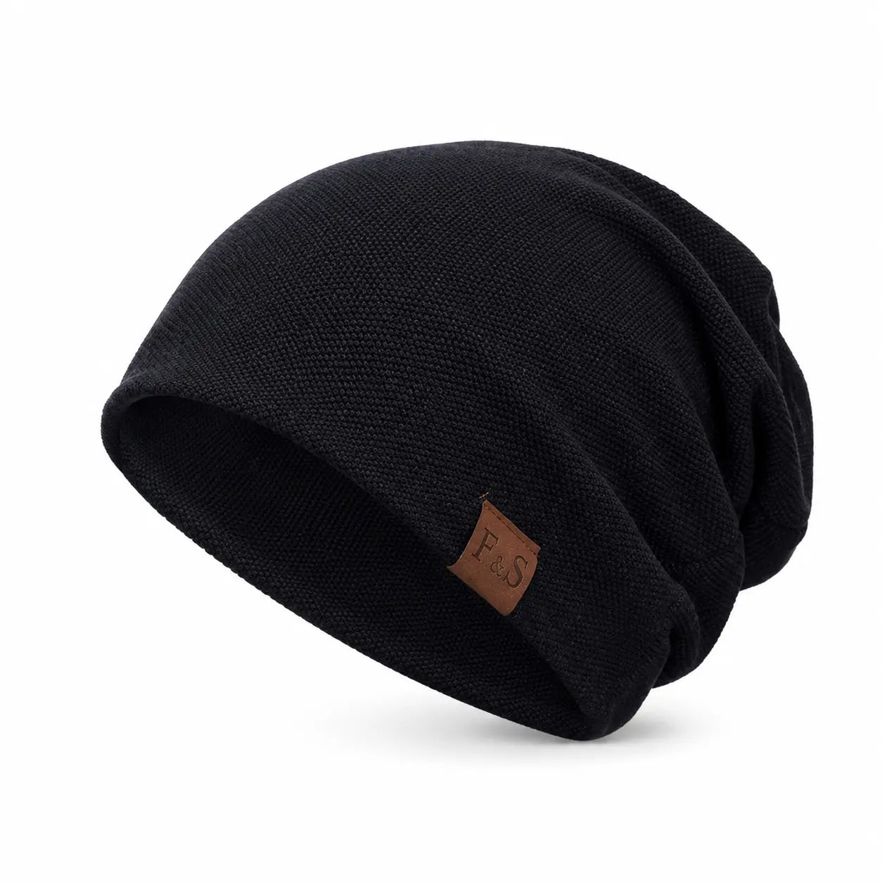 Black fleece-lined slouchy beanie on a white background