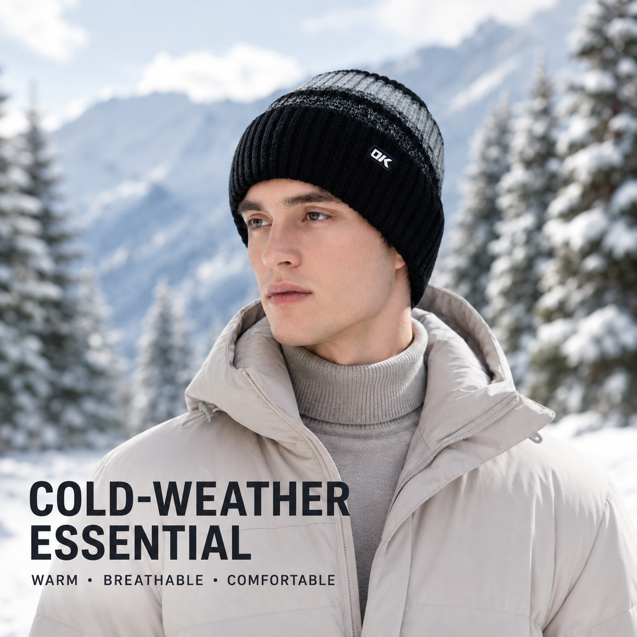 Black knit beanie worn outdoors in snowy winter setting, designed as a warm breathable cold-weather essential