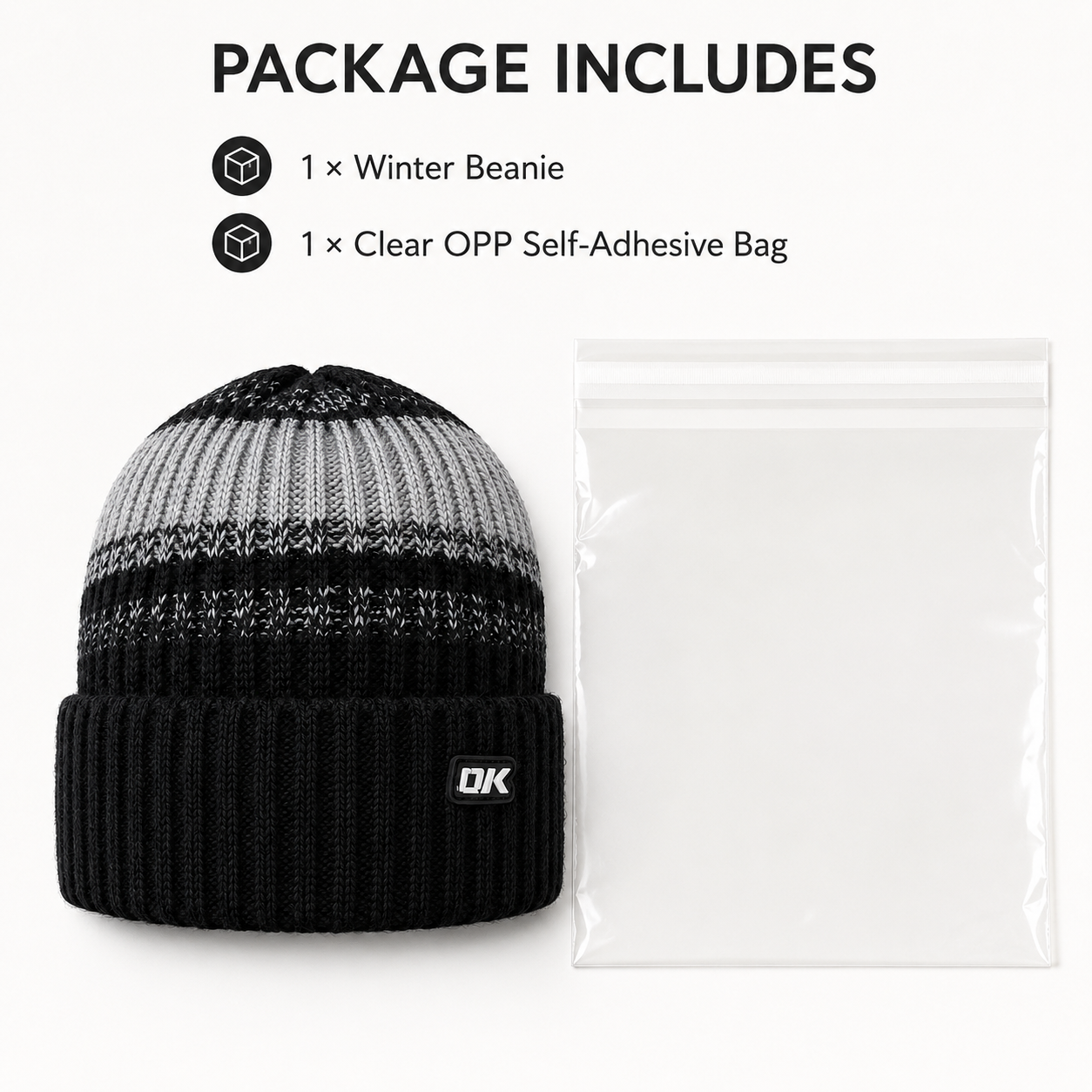 Black knit winter beanie package includes one winter beanie and one clear OPP self-adhesive storage bag