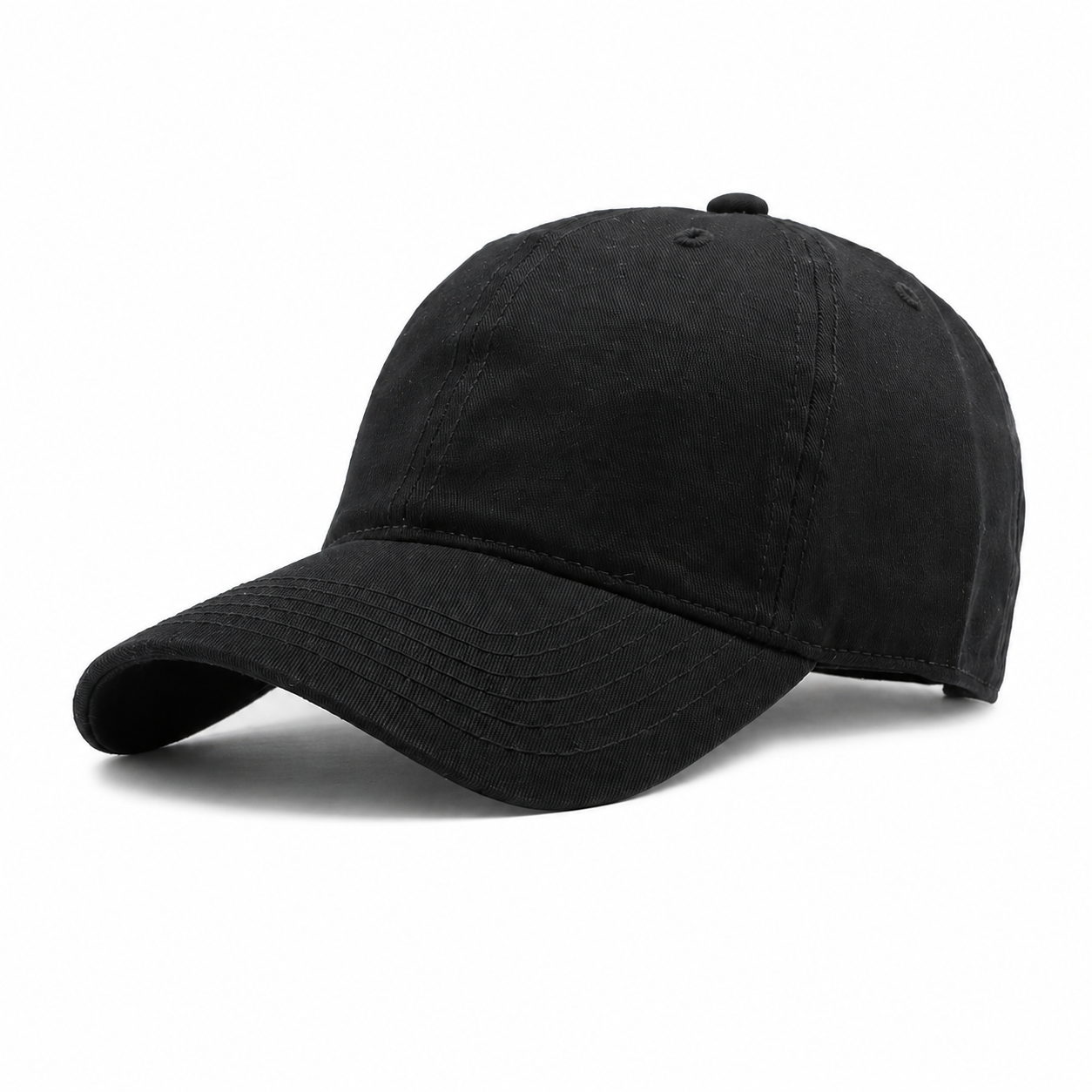 Black men's cotton baseball cap with a curved brim and classic panel stitching on a clean white background.