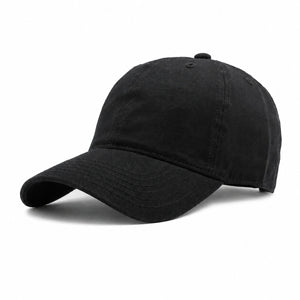 Black men's cotton baseball cap with a curved brim and classic panel stitching on a clean white background.
