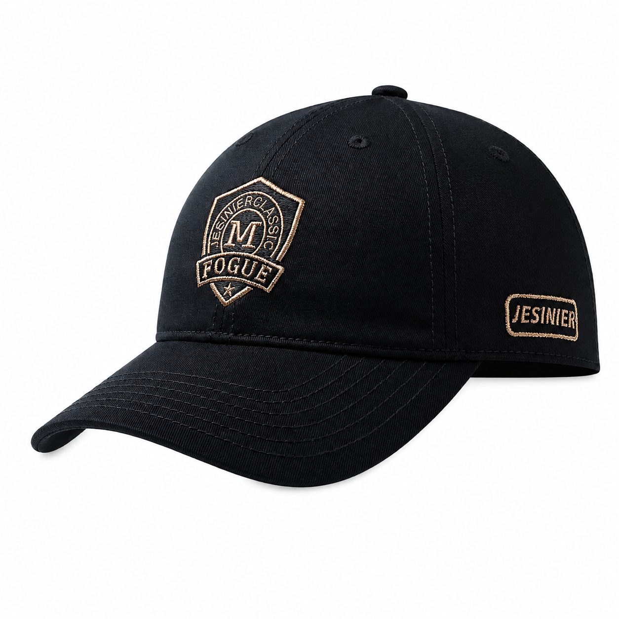 Black men's embroidered baseball cap with curved brim, front patch detail, and classic casual look on a clean white background.