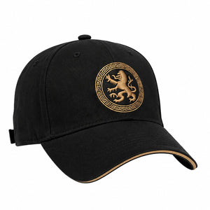 Black men's baseball cap with gold lion badge, curved brim, and classic casual style on a clean white background.