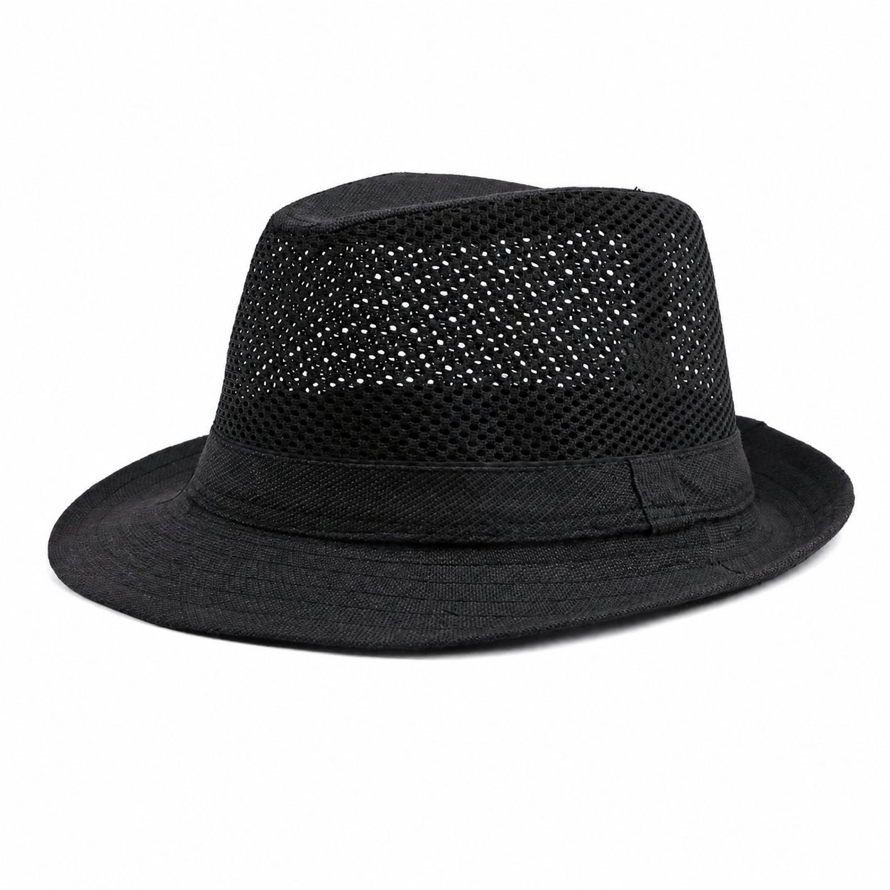 Black men's mesh fedora hat with breathable crown, short brim, and classic summer casual style on a clean white background.