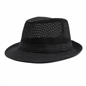 Black men's mesh fedora hat with breathable crown, short brim, and classic summer casual style on a clean white background.