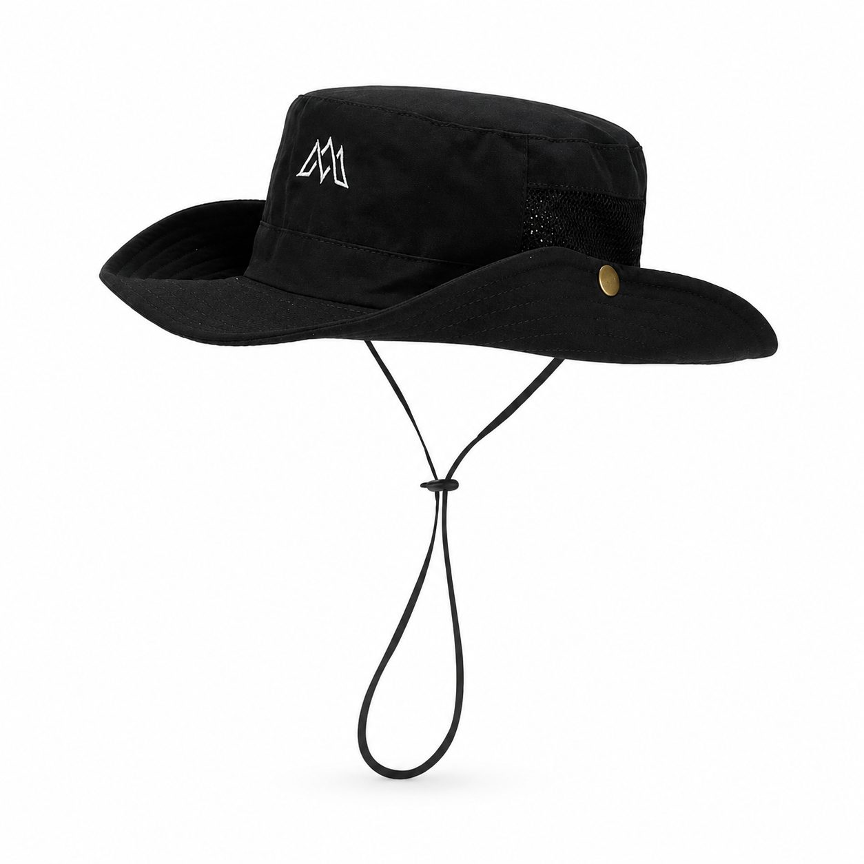 Black men's outdoor wide brim sun hat with chin cord, breathable mesh side panel, and sun protection design on a clean white background.