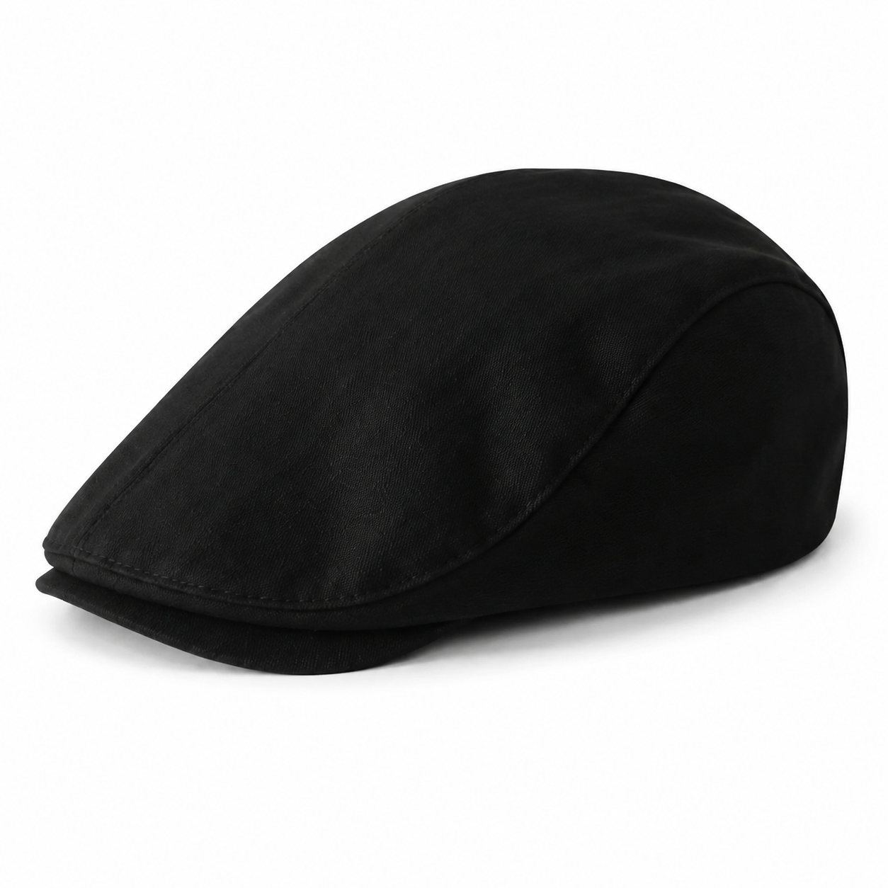 Black men's solid color vintage flat cap with a classic ivy cap silhouette on a clean white background.