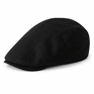 Black men's solid color vintage flat cap with a classic ivy cap silhouette on a clean white background.