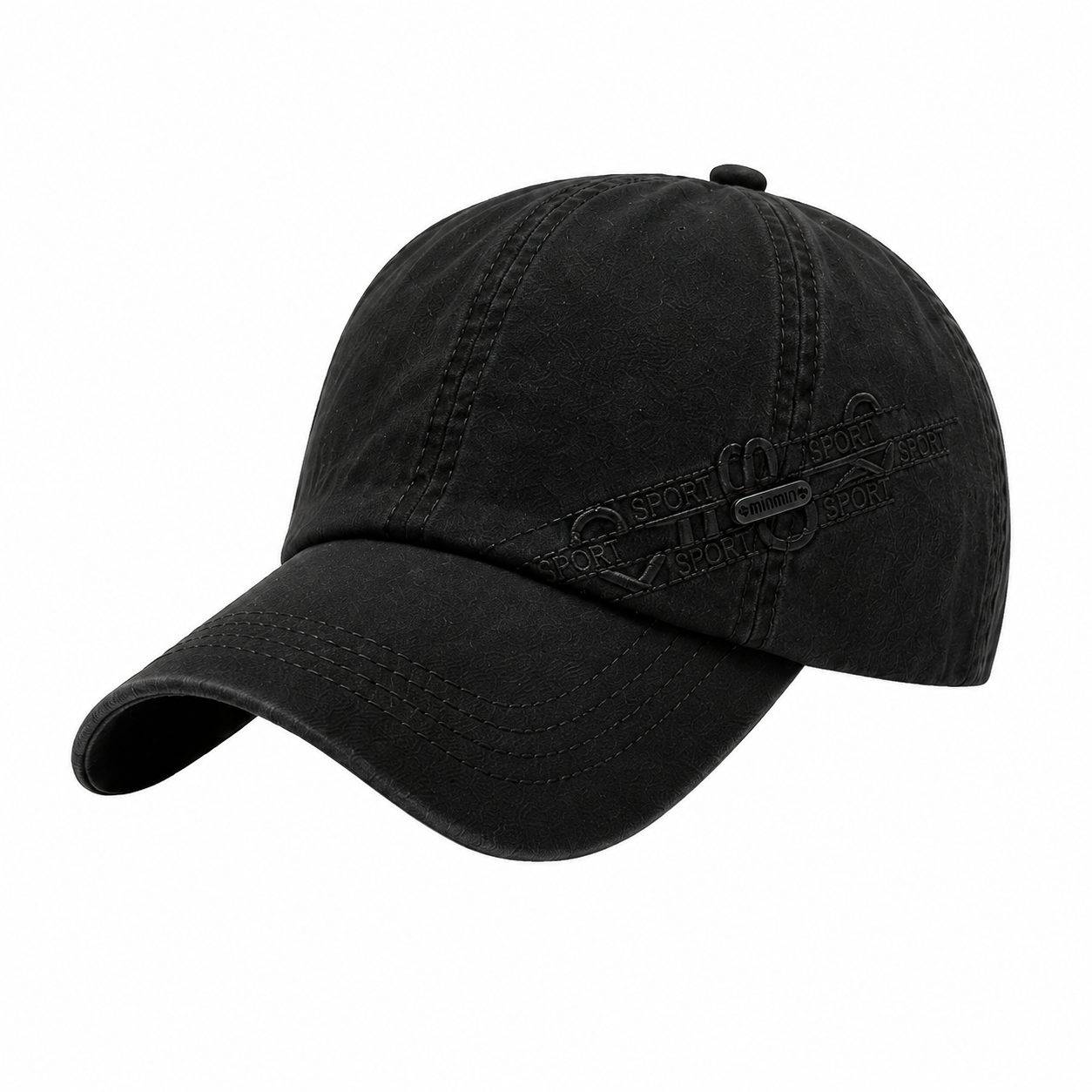 Black men's textured baseball cap with curved brim, side sport detail, and classic casual style on a clean white background.