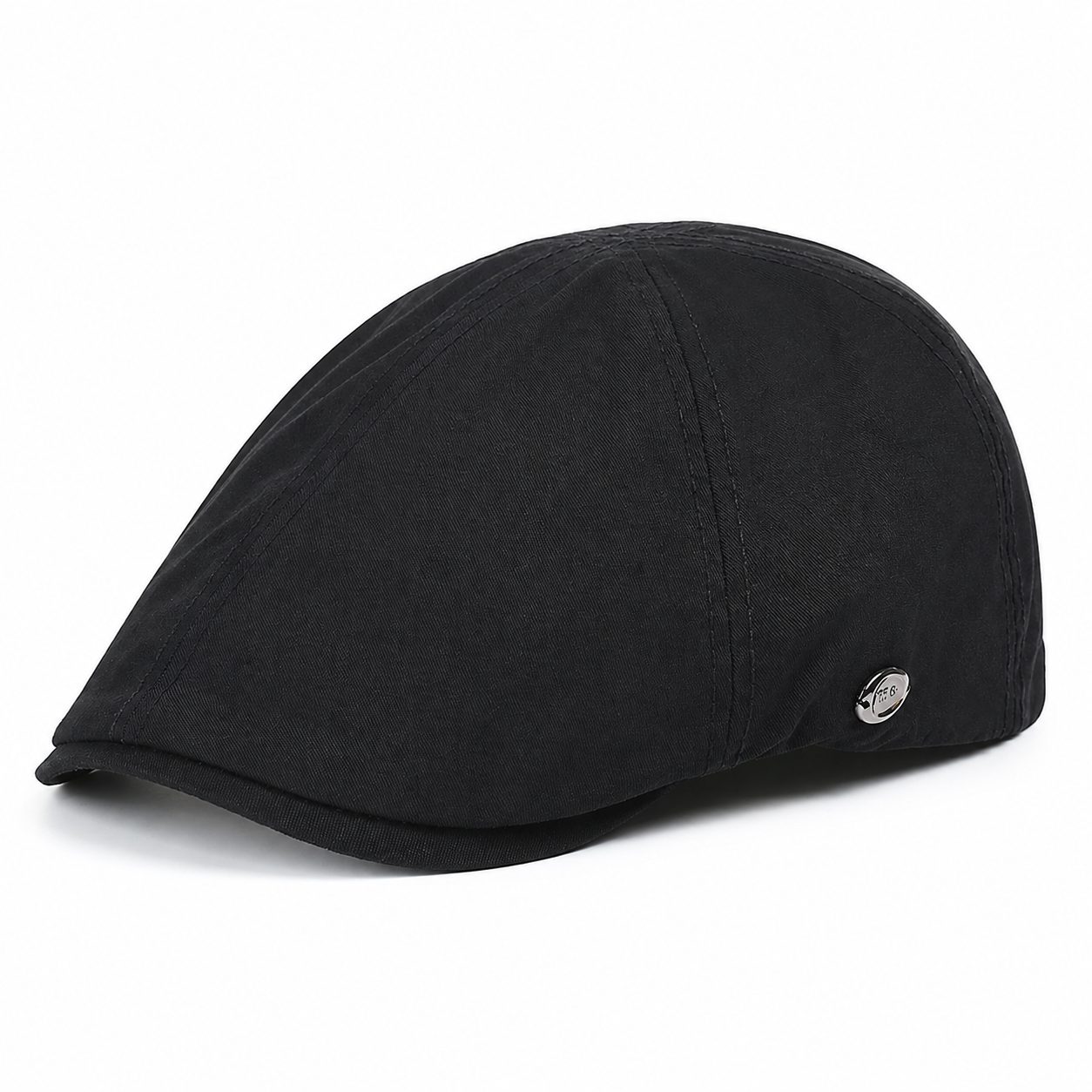 Black men's vintage flat cap in cotton with a low-profile newsboy style on a clean white background.