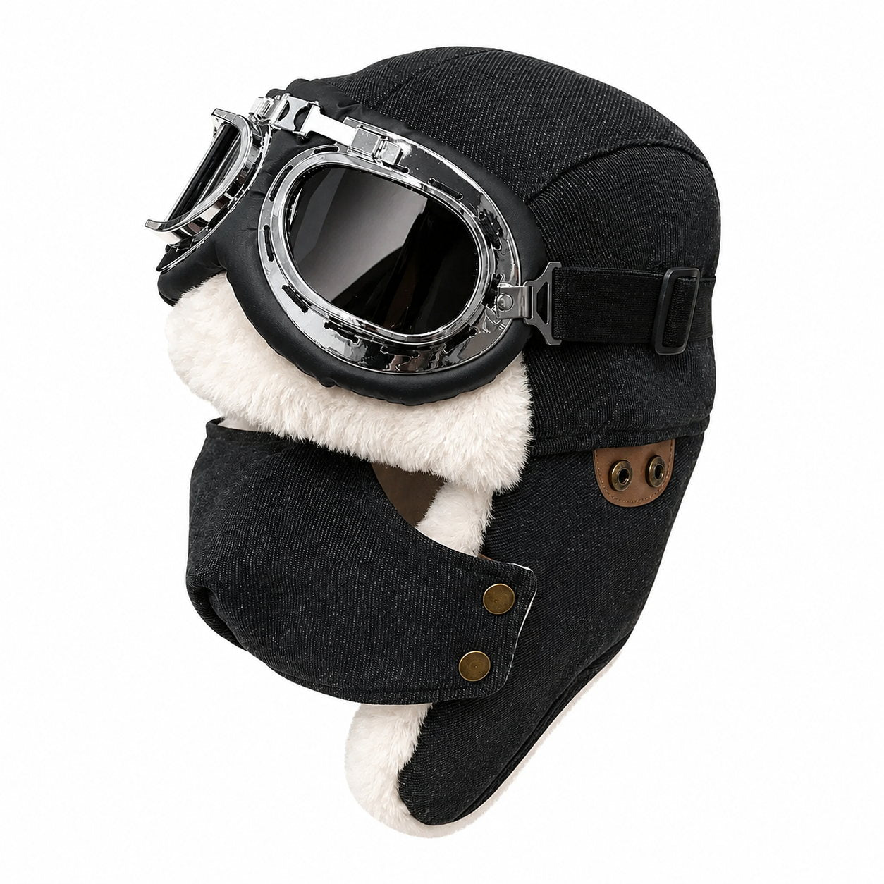 Black men's winter aviator hat with goggles, faux fur lining, ear flaps, and warm outdoor style on a clean white background.