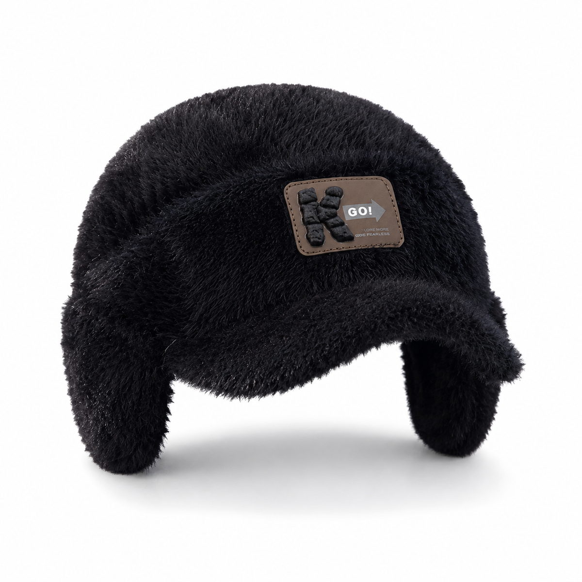 Black men's winter ear flap hat with soft faux fur texture, warm trapper style, and front patch detail on a clean white background.