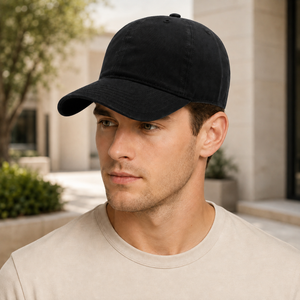 Male model wearing black outdoor casual cotton baseball cap with curved brim.