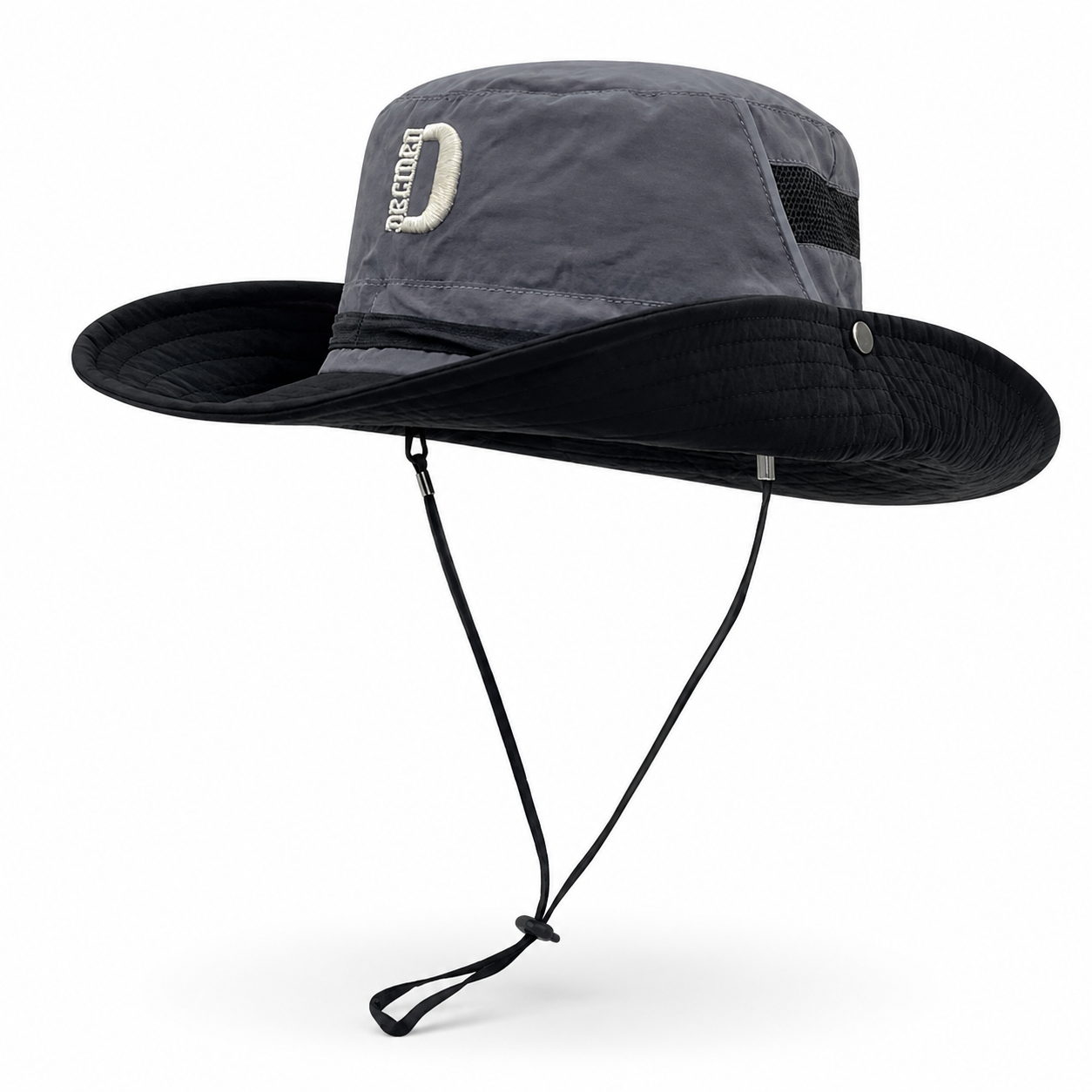 Black outdoor hiking bucket hat with breathable mesh panel, wide brim and adjustable chin cord on white background.