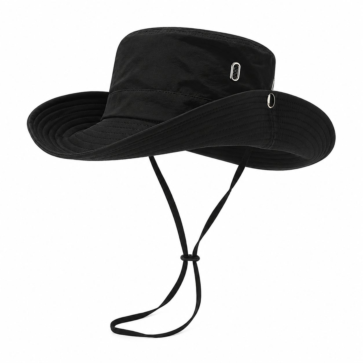 Black outdoor sun protection hiking bucket hat with wide brim, adjustable chin cord, metal eyelets, and lightweight polyester fabric on a clean white background.