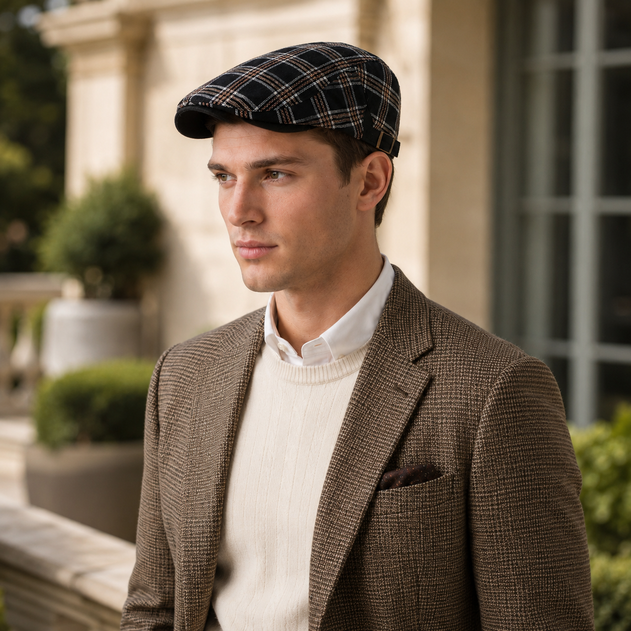 Black vintage British plaid flat cap with adjustable side buckle